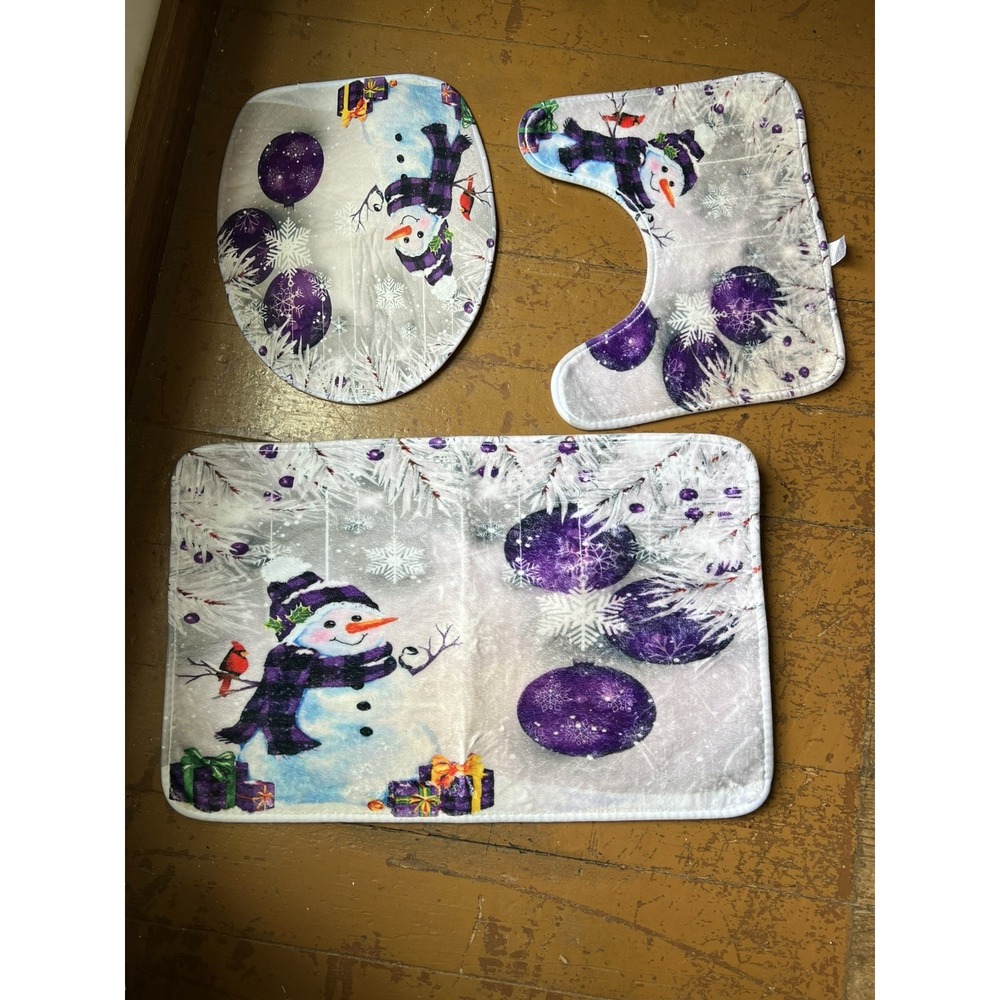 Snowman and Snowflakes Purple Themed 3 Pc Bathroom Mat And 3 Pc Towel Set
